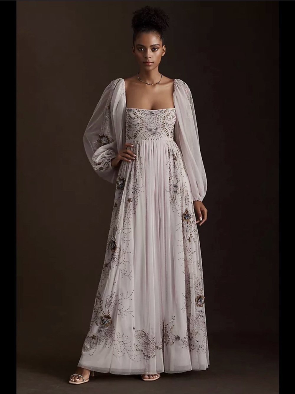 Anthropologie Dusty Rose Floral Embroidered Puff-Sleeve Gown